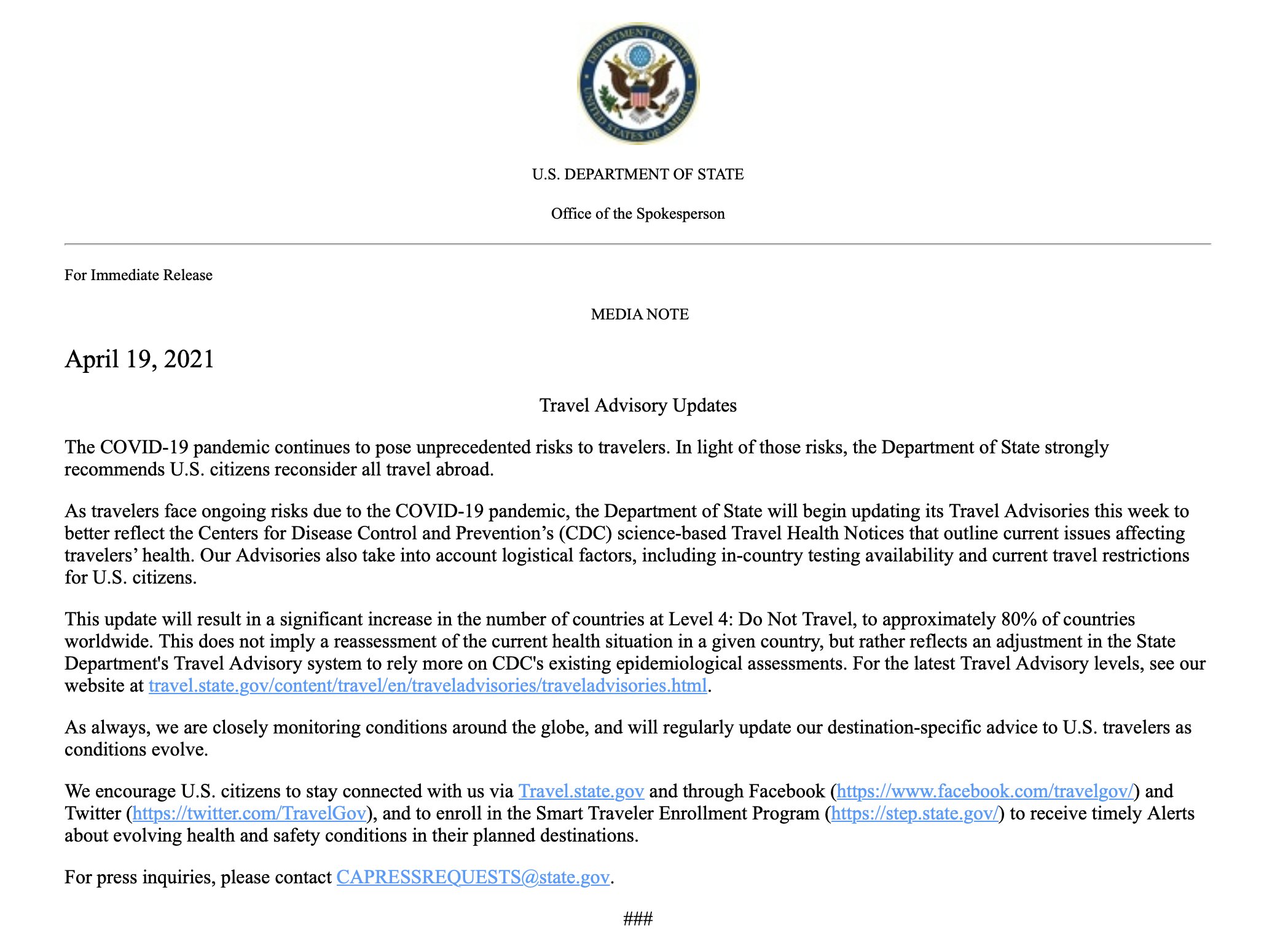 Securely Travel - DOS media note re travel advisories 