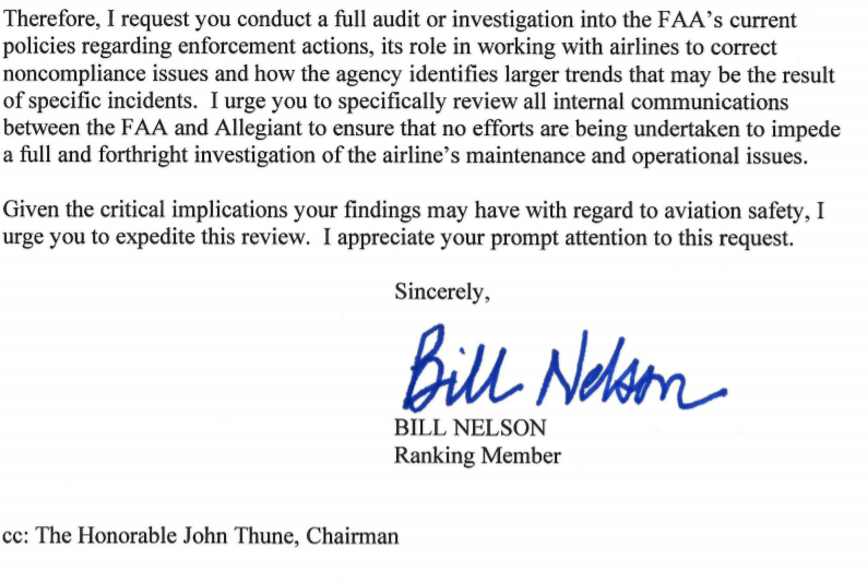 Securely Travel - Allegiant - Bill Nelson letter
